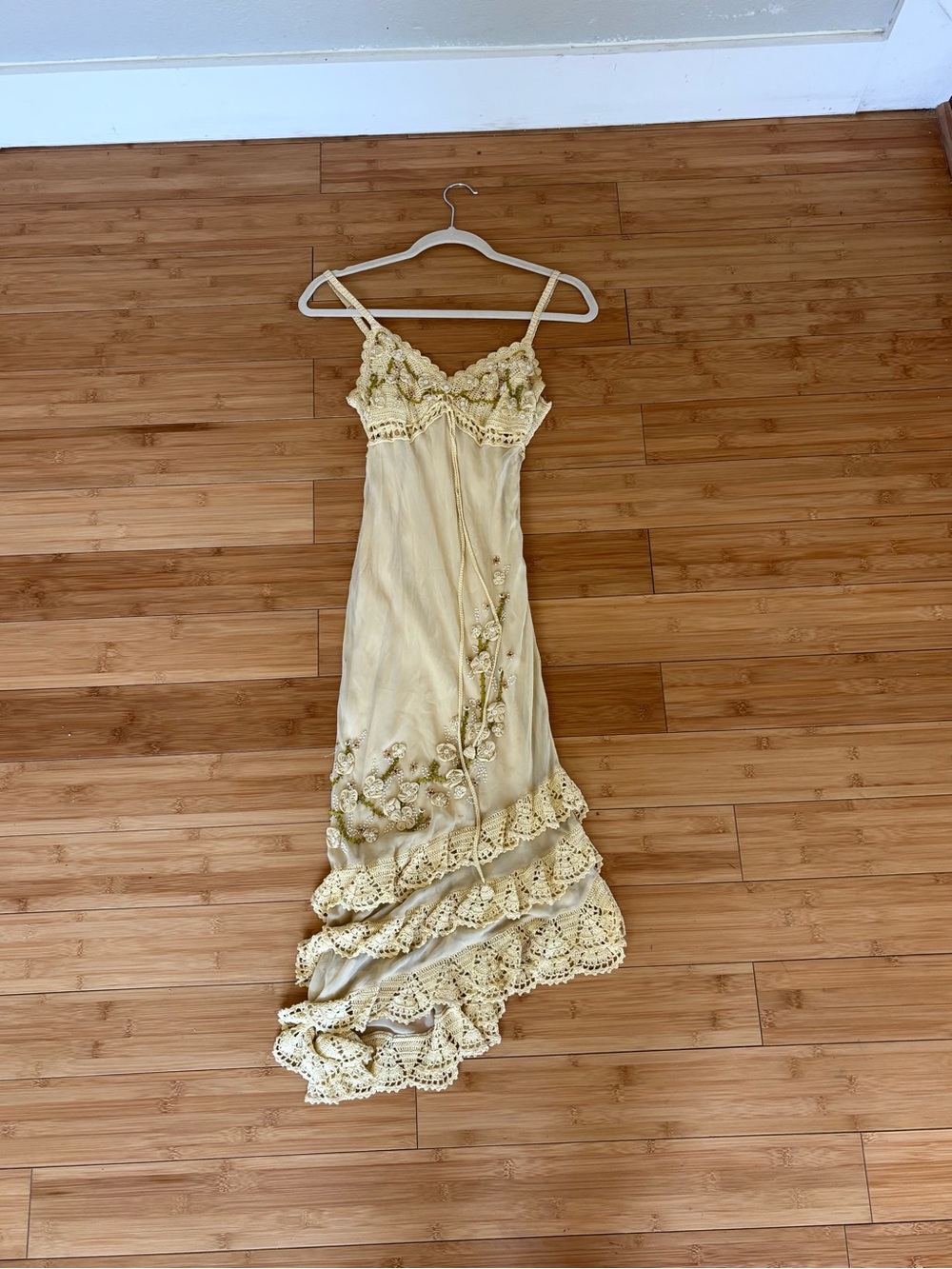 Sue Wong Pale Yellow Crochet-Trim Maxi Slip Dress